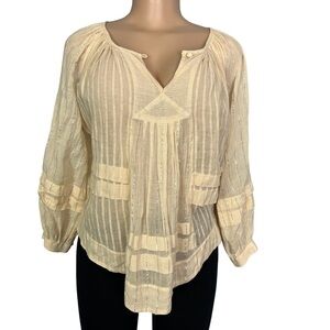 Rebecca Taylor Sheer Metallic Scoop Neck Three-Quarter Sleeve Blouse